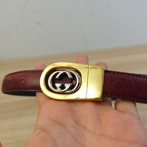 Vintage Gucci Parfums Belt Womens XS Burgundy Leather Gold Silver GG Buckle Luxe